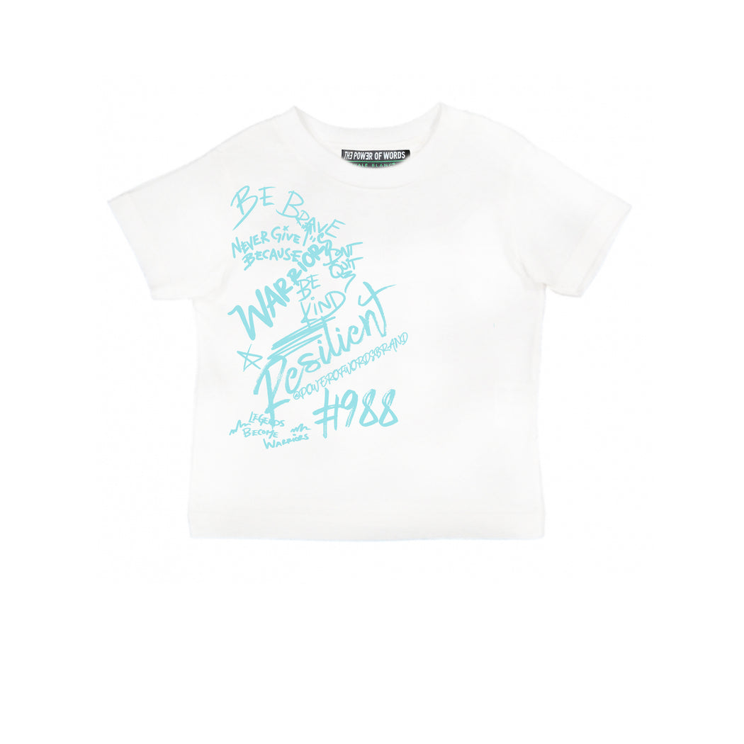 Warrior Kids Tee in White with Baby Blue