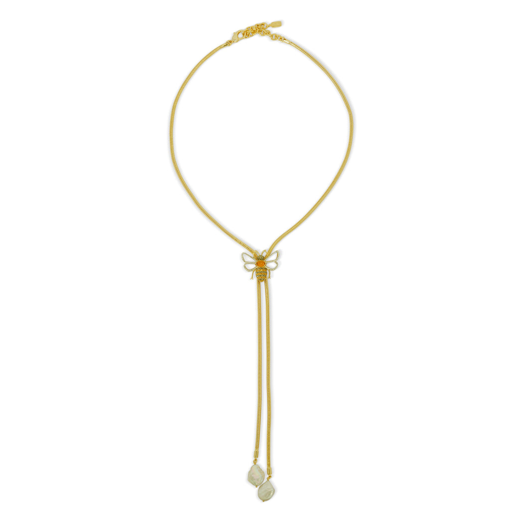 Bee Lariat Necklace in Mother of Pearl and Swarovski