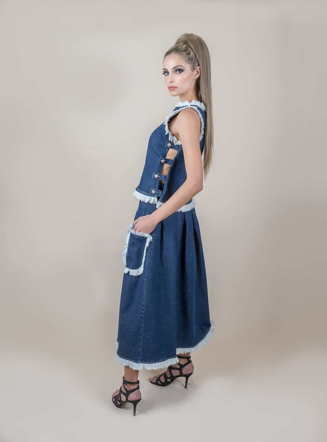 Denim Midi Skirt in Indigo