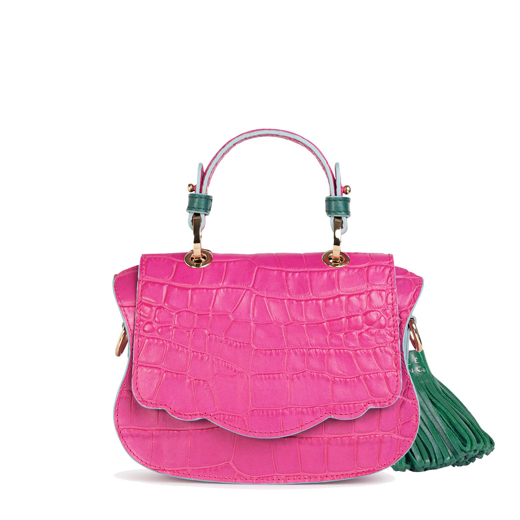 Audrey Micro: Pink & Teal Embossed Leather Designer Crossbody Bag