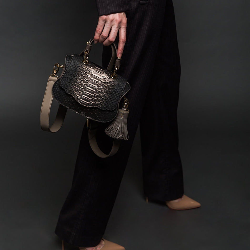 Audrey Micro: Pewter Embossed Leather Designer Crossbody Bag